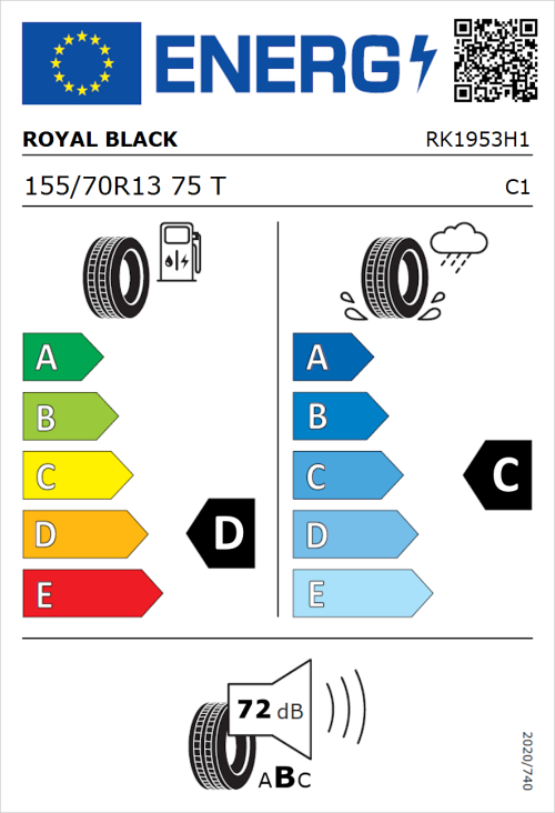 Tyre Label for Royal Black Royal Mile 155/70R13 75T
