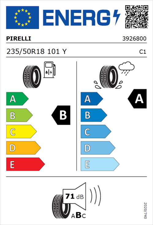 Tyre Label for Pirelli Powergy 235/50R18 101Y