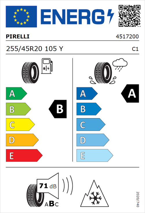 Tyre Label for Pirelli Scorpion All Season SF3 255/45R20 105Y