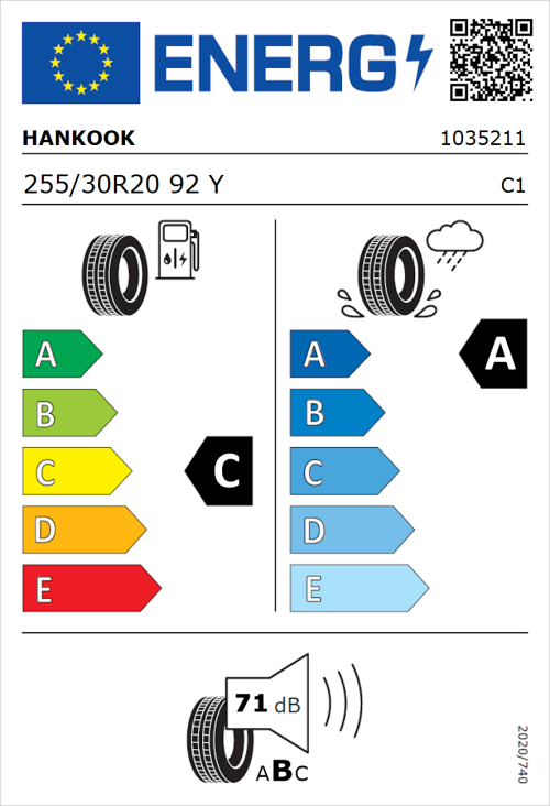 Tyre Label for Hankook Ventus Evo (K137) 255/30R20 92Y